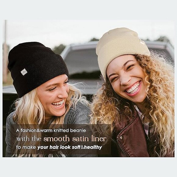 Womens Saitn Lined Knit Beanie Hat Ad-Beige - Picture 3 of 6